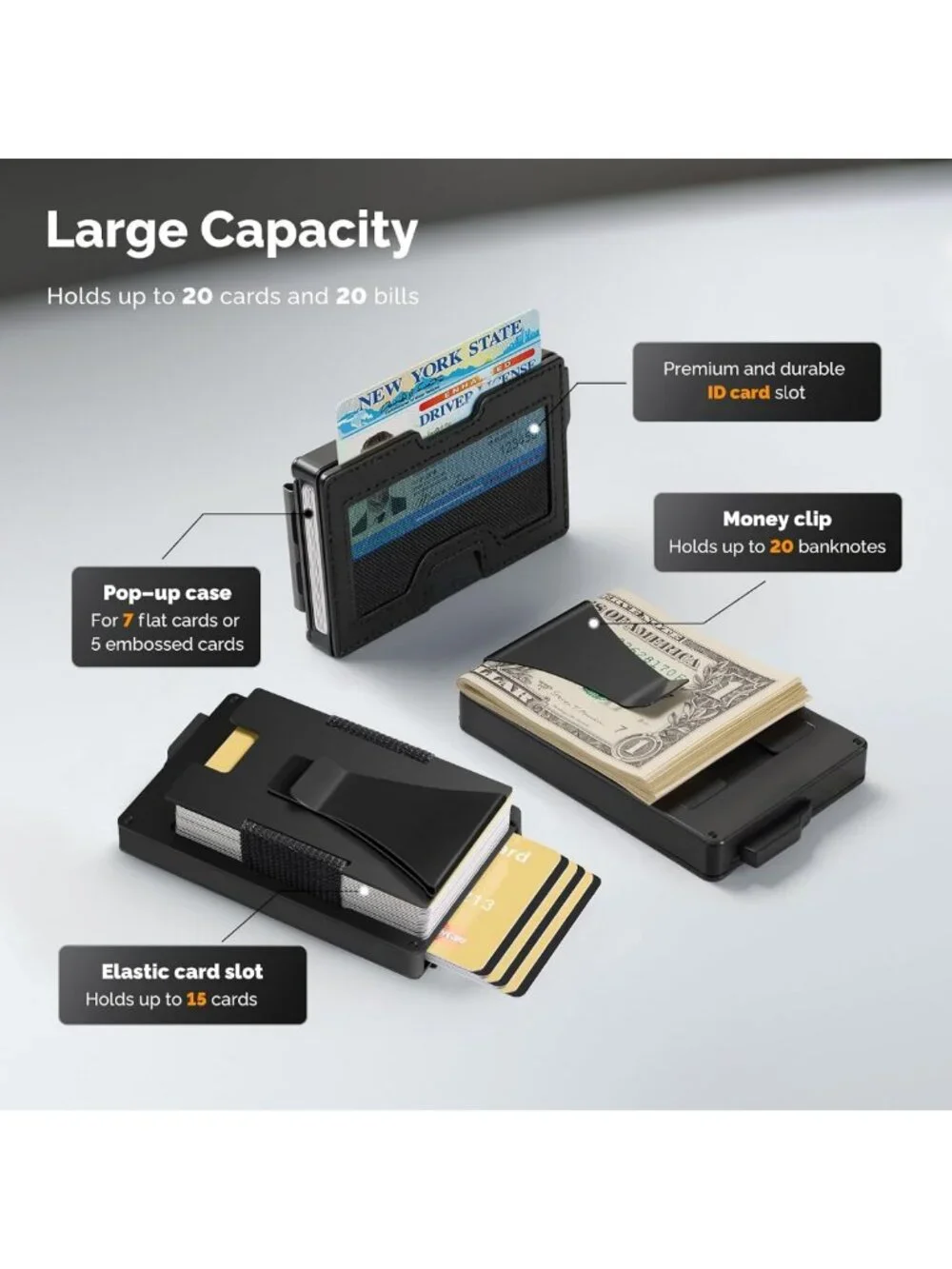 Minimalist Men's Wallet with Money Clip & ID Window - RFID Blocking, Holds 20
